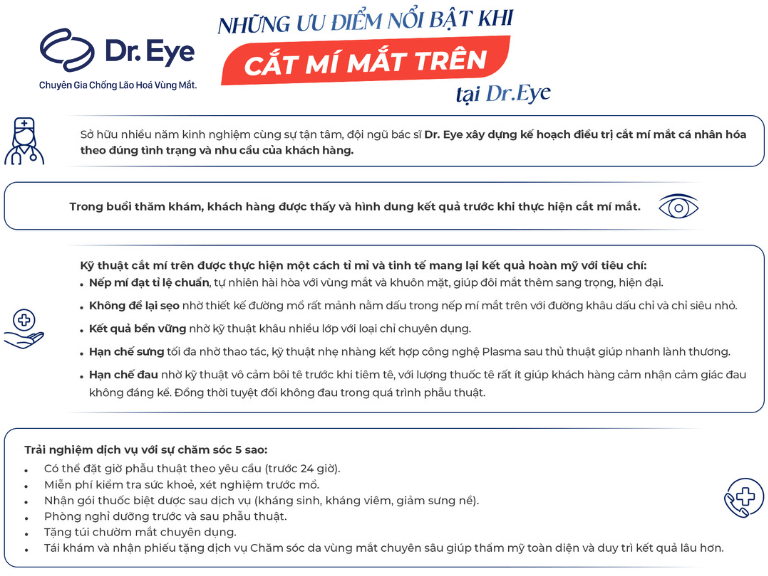 Dịch vụ cắt mí mắt tại Dr. Eye đảm bảo mang lại cho quý khách những trải nghiệm tuyệt vời nhất.
